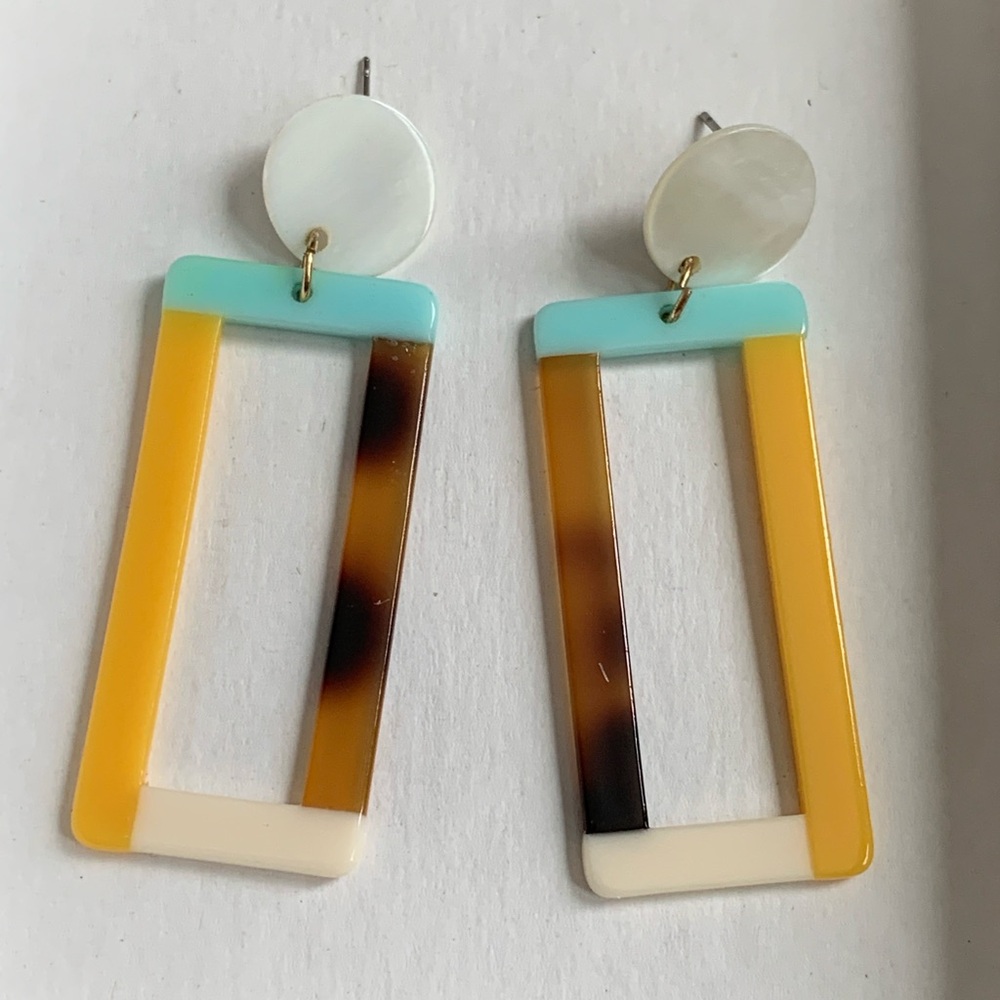Colorblock Rectangular Drop Earrings - Turquoise, Yellow & Tortoiseshell - Picture 1 of 4